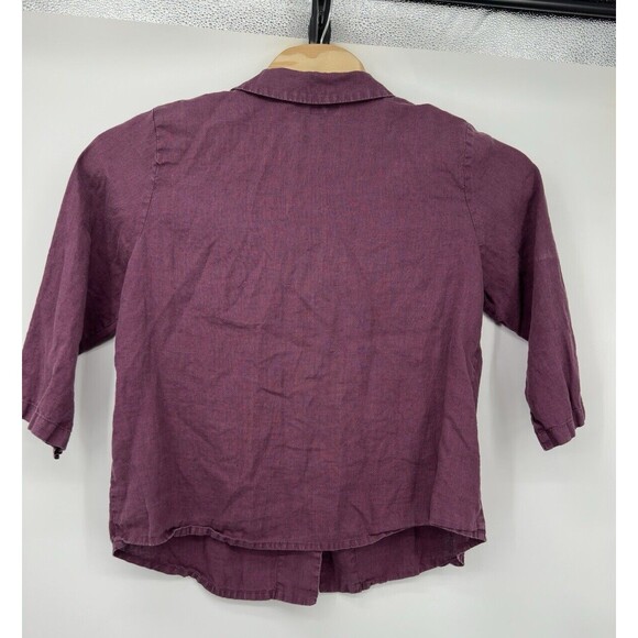 FLAX Sz M Cropped Shirt Top Linen Abalone Button Brown 3/4 Slv Lagenlook‎ Beach - Picture 3 of 7